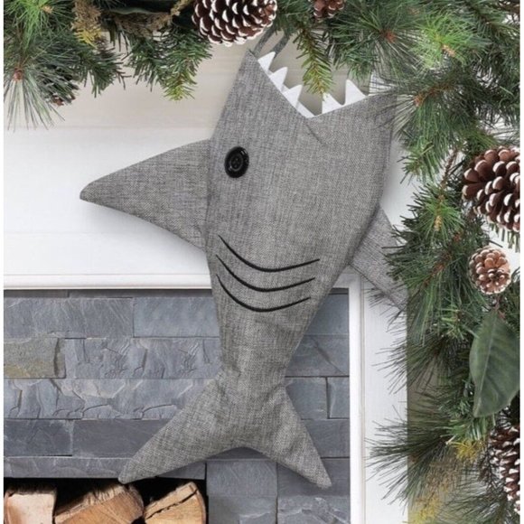 Holiday Time Gray Shark Christmas Stocking 20” Button Eye White Teeth - Picture 4 of 4